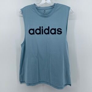 Adidas Womens Muscle Tank Top Blue Sleeveless Logo Graphic Gym Shirt Medium